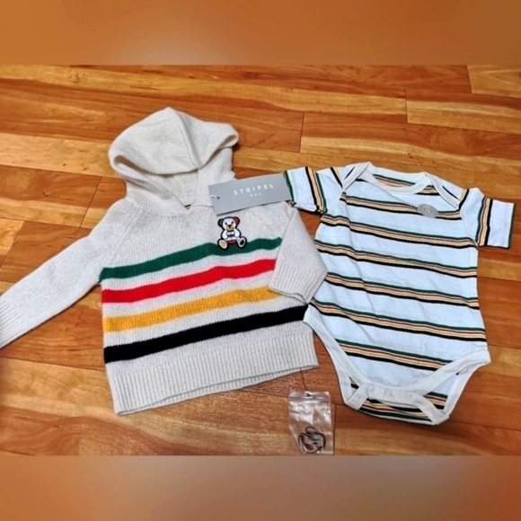 Cashmere Hudson's Bay stripes Baby sweater & cotton Onsie, Sz 0-6m - Picture 3 of 8